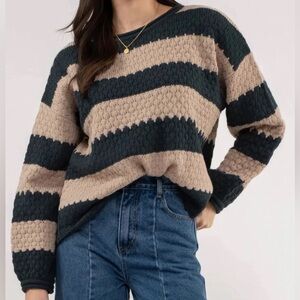 Bria Striped crew knit sweater - hunter green